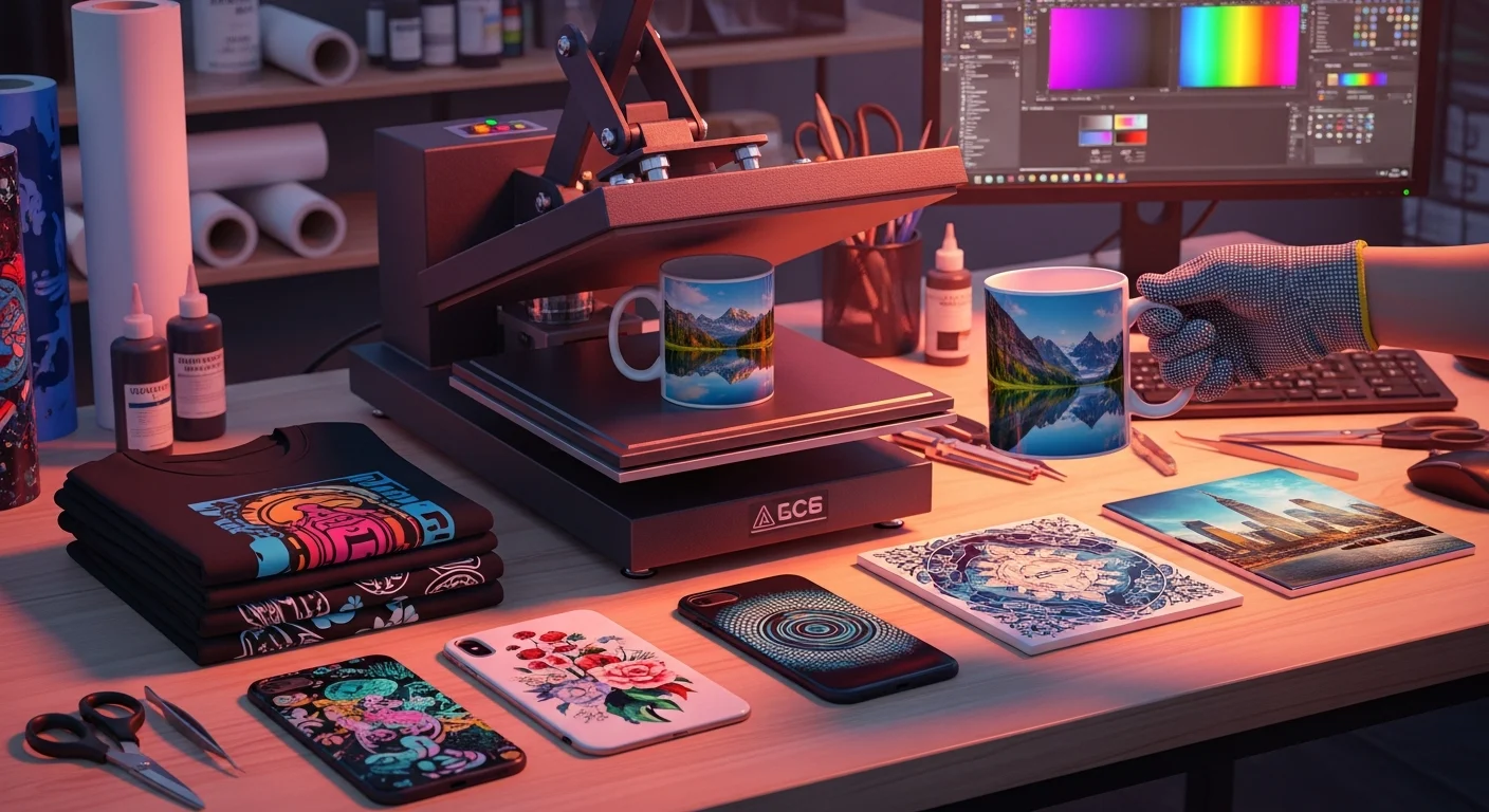 AI_IMAGE: Workspace showing sublimation printing process - a heat press machine with a custom-designed mug being removed, the mug showing a vibrant full-color photographic print, nearby table with t-shirts, phone cases and ceramic tiles with colorful custom prints, magenta and warm lighting, organized creative workspace atmosphere | digital-art | landscape