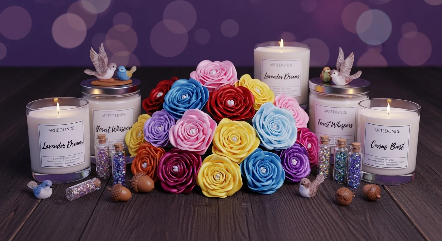 AI_IMAGE: Handmade artisan products including satin flowers in various colors, scented candles with elegant labels, and small decorative items on a rustic dark wood surface with warm purple ambient lighting, artisan craft photography with bokeh background | digital-art | landscape
