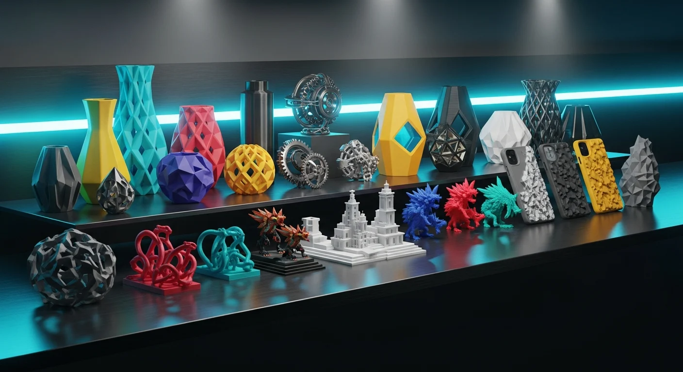 AI_IMAGE: Array of 3D printed objects in various colors and materials arranged on a dark display shelf with cyan neon accent lighting, including geometric vases, mechanical parts, miniatures and phone cases, professional product photography with moody dark background | digital-art | landscape