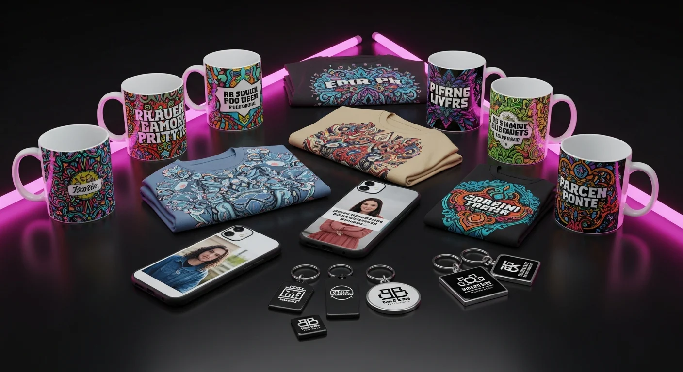 AI_IMAGE: Collection of personalized products including custom printed mugs, t-shirts with vibrant designs, phone cases with photos, and keychains arranged on a dark surface with magenta neon accent lighting, sublimation printing results, professional product photography | digital-art | landscape