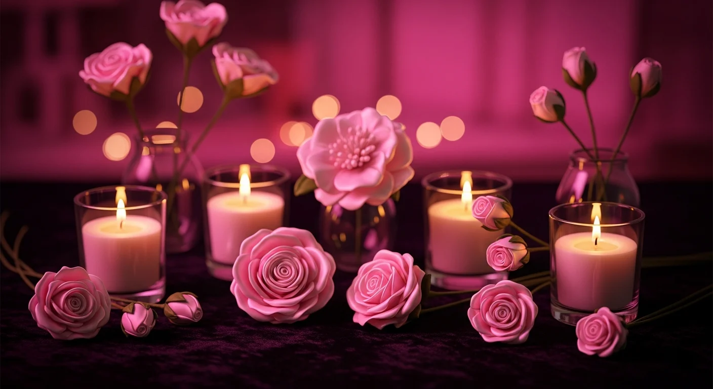 AI_IMAGE: Handmade satin flowers and scented candles arranged on a dark velvet surface with warm magenta ambient lighting, artisan craft photography with soft bokeh | digital-art | landscape