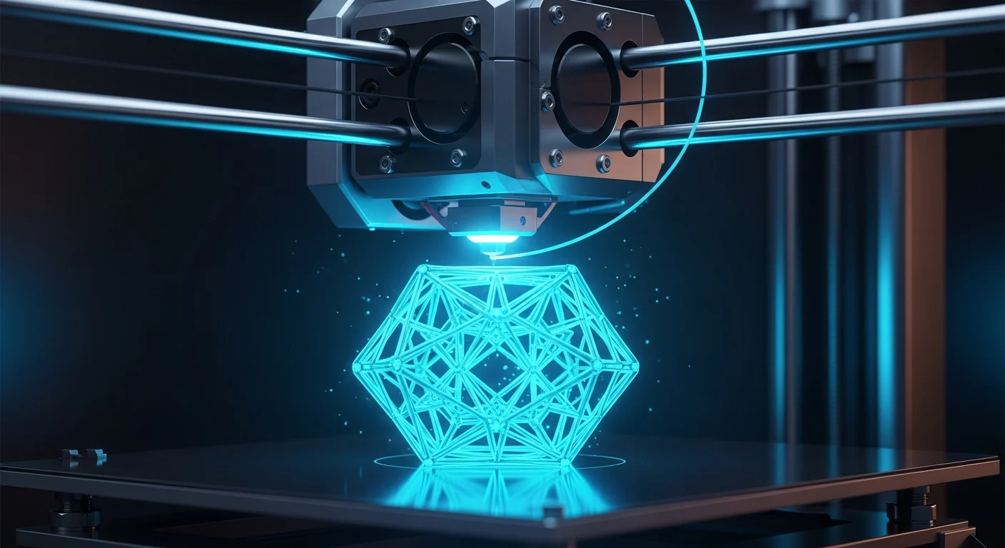 AI_IMAGE: Professional 3D printer creating a complex object with cyan filament glow, precision engineering concept with dark moody background and neon blue reflections | digital-art | landscape