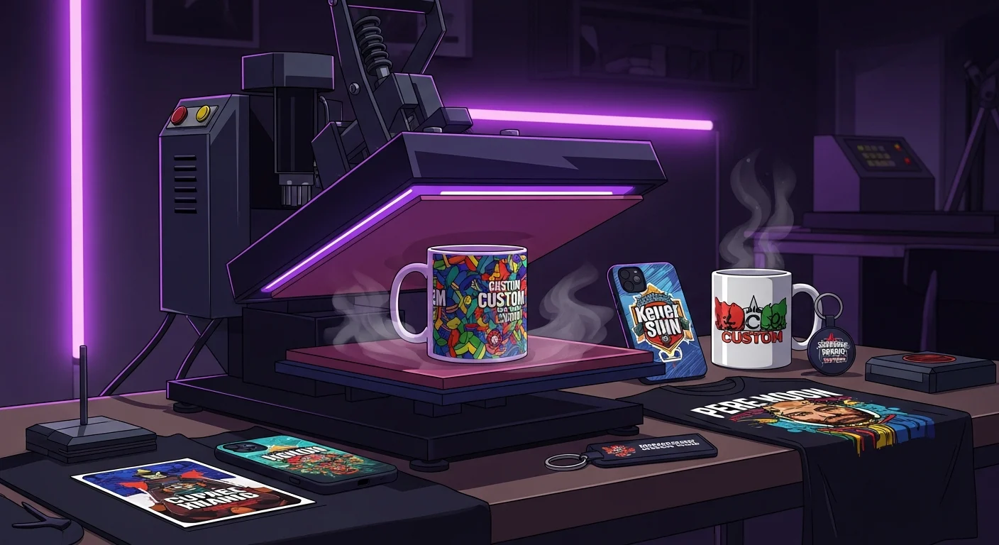AI_IMAGE: Heat press machine transferring a vibrant design onto a mug with custom products nearby, purple neon accent lighting in a dark workshop, sublimation printing concept | digital-art | landscape