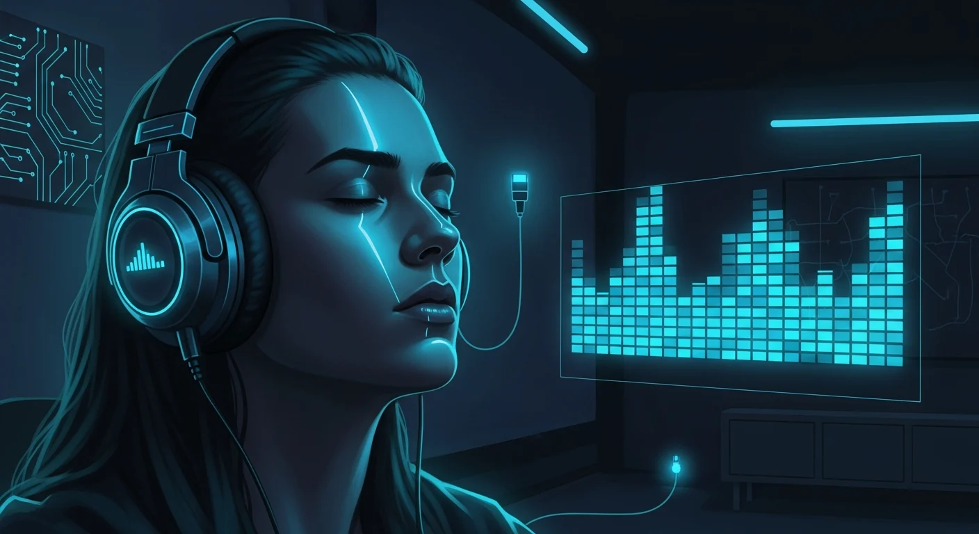 AI_IMAGE: Person wearing headphones in a dark room with cyan neon ambient lighting reflecting off their face, a floating audio equalizer visualization with glowing bars beside them, immersive music listening experience concept with cyberpunk aesthetic | digital-art | landscape