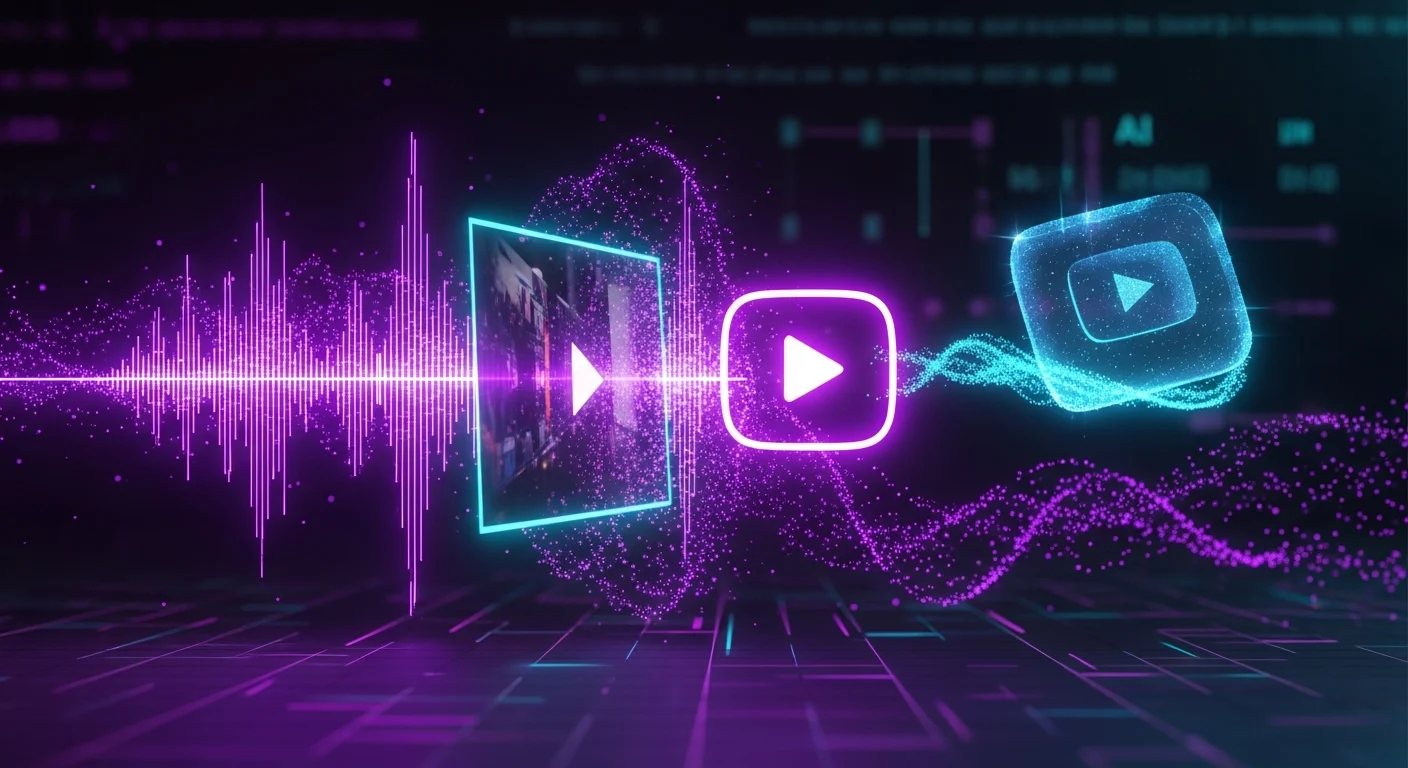 AI_IMAGE: Futuristic AI video generation concept showing a music waveform transforming into a cinematic video frame with purple neon particles swirling around the transition point, a play button icon glowing at the center, YouTube logo floating as a hologram nearby, dark background with purple and cyan accent lighting, artificial intelligence creative content generation | digital-art | landscape