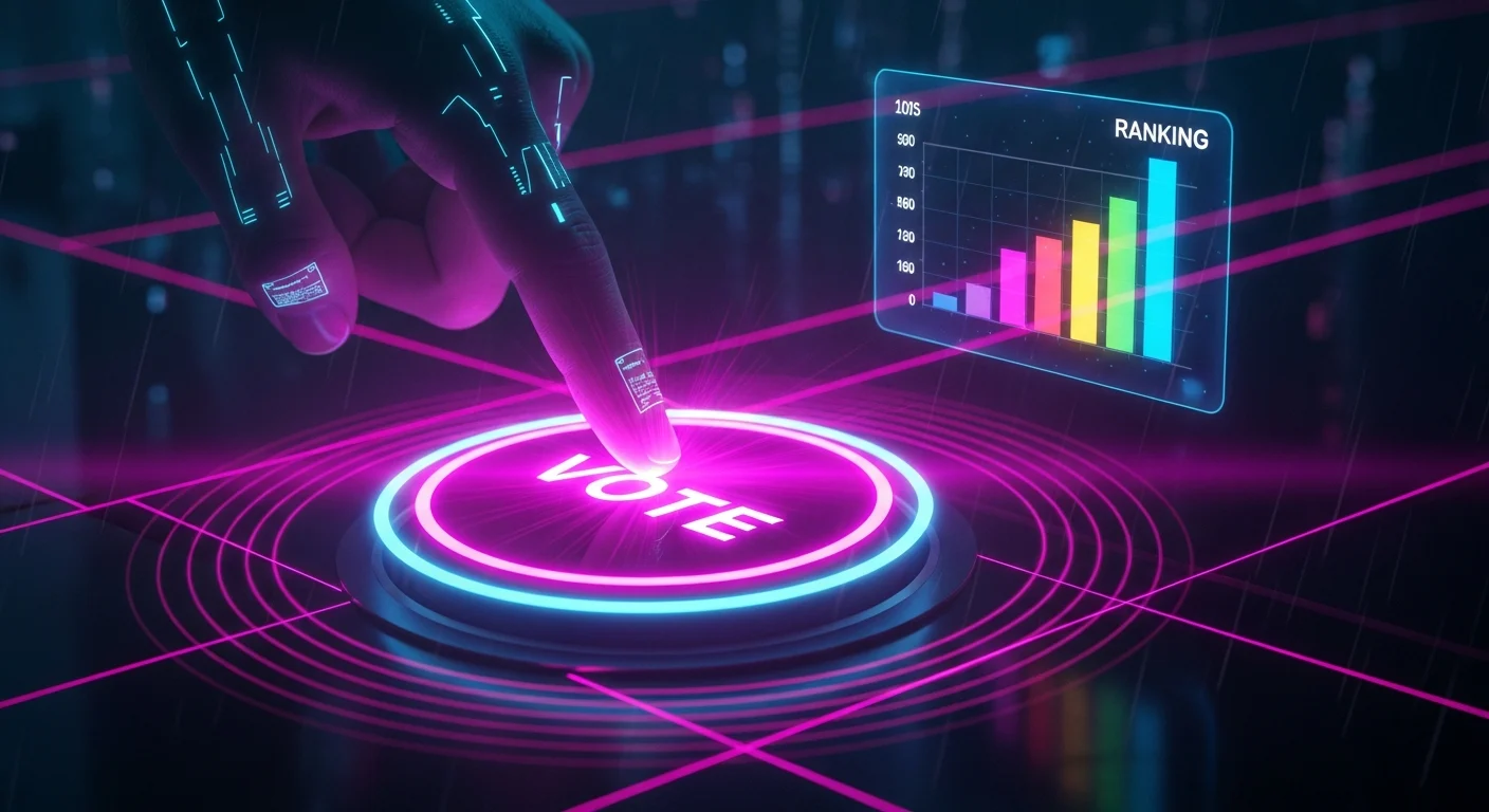 AI_IMAGE: A glowing neon vote button being pressed by a finger with magenta light pulse radiating outward, a digital ranking chart floating beside it with ascending bars, dark background with pink and magenta neon accent lighting, interactive voting concept with futuristic cyberpunk aesthetic | digital-art | landscape
